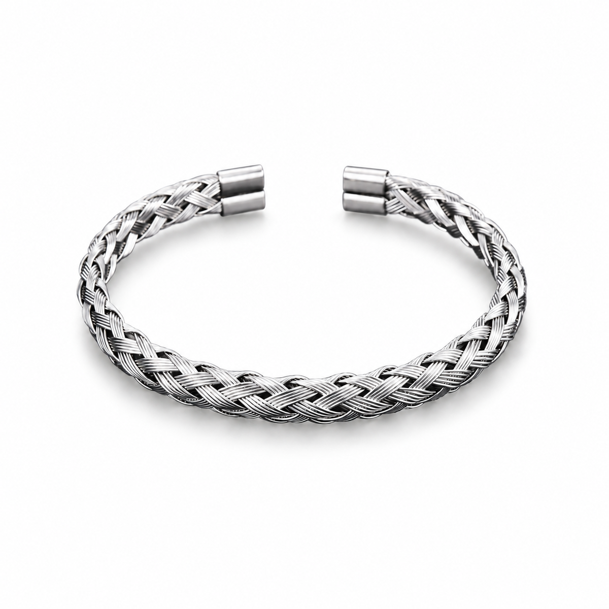Braided Stainless Steel Open Cuff Bracelet on white