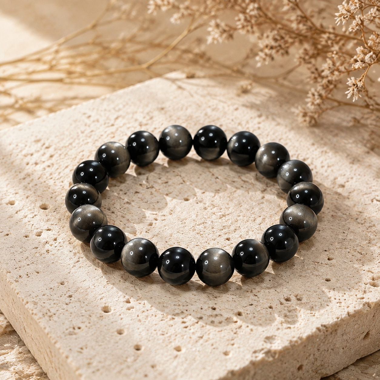 7A Silver Sheen Obsidian Bracelet – Multi-Size – travertine and dried-flower still life