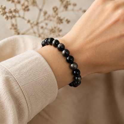 7A Silver Sheen Obsidian Bracelet – Multi-Size – realistic on-wrist view