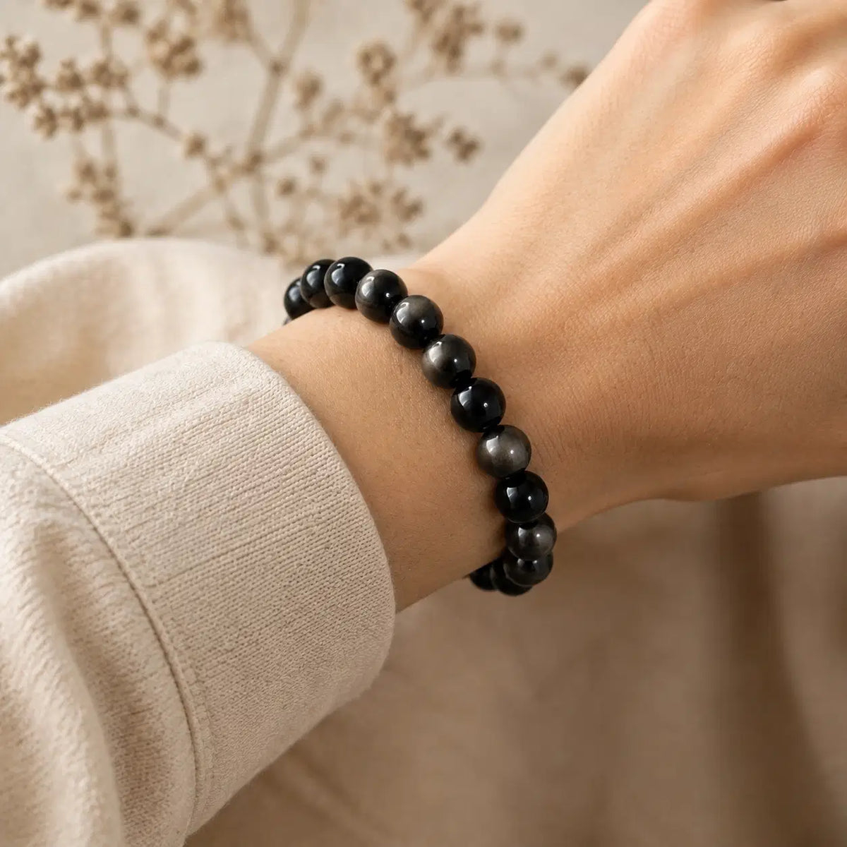 7A Silver Sheen Obsidian Bracelet – Multi-Size – realistic on-wrist view
