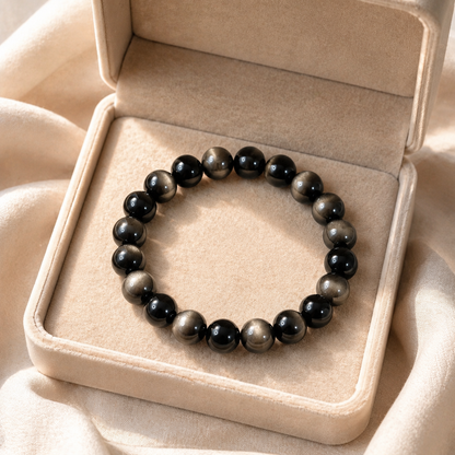 7A Silver Sheen Obsidian Bracelet – Multi-Size – beige velvet gift-box view