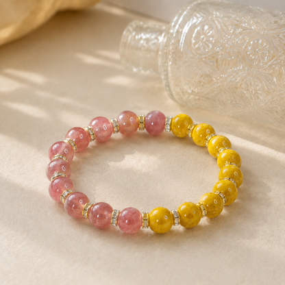 Strawberry Quartz & Cinnabar Bracelet – 8mm – diagonal glass-bottle still life