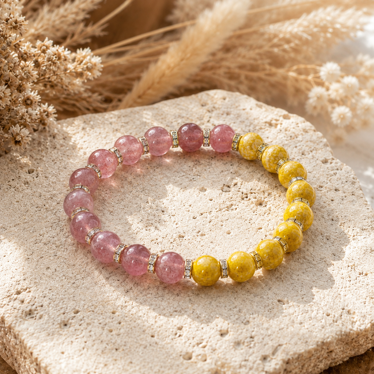 Strawberry Quartz & Cinnabar Bracelet – 8mm – travertine and dried-flower still life