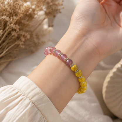 Strawberry Quartz & Cinnabar Bracelet – 8mm – realistic on-wrist view