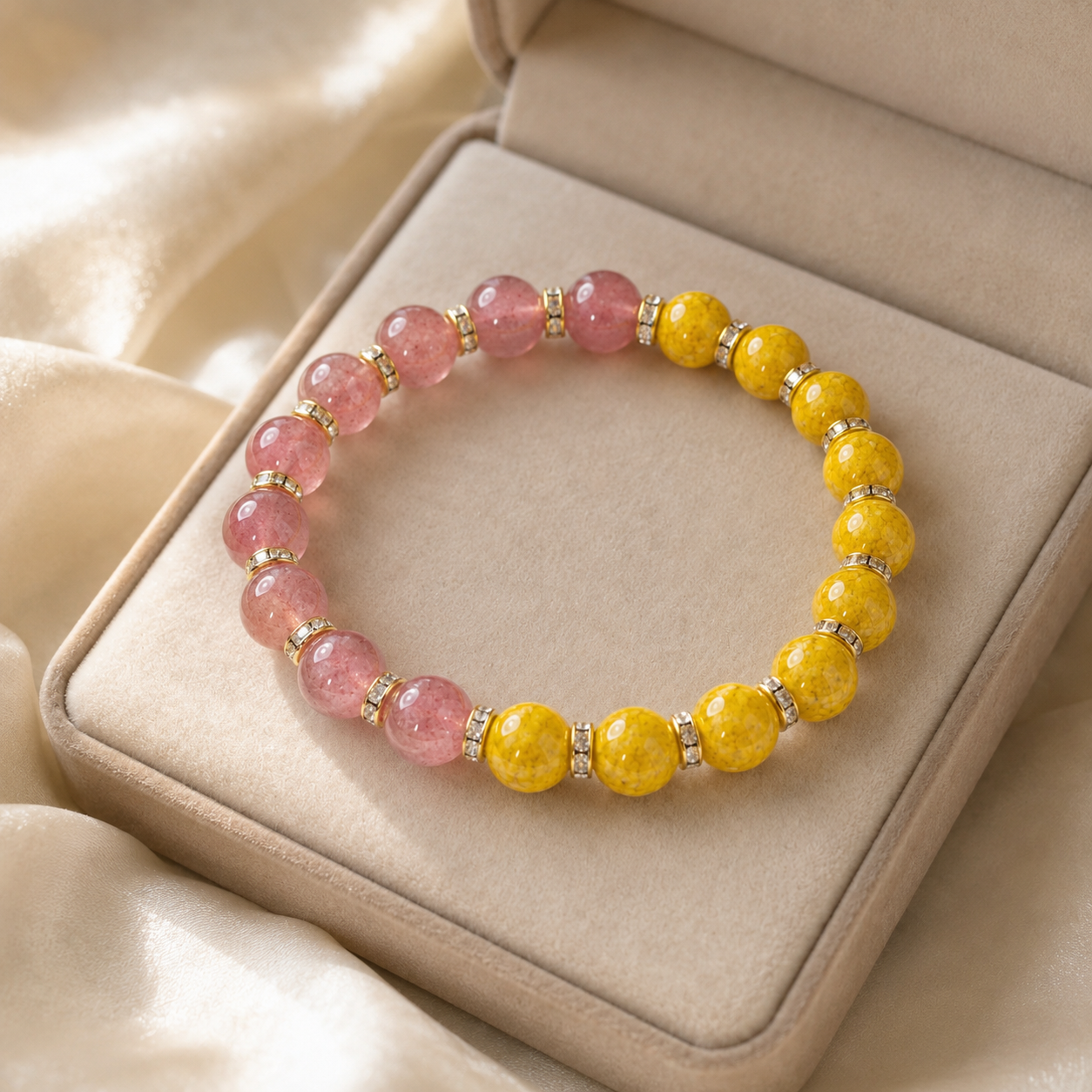 Strawberry Quartz & Cinnabar Bracelet – 8mm – beige velvet gift-box view
