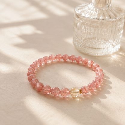 Strawberry Quartz & Citrine Bracelet – 6mm – diagonal glass-bottle still life