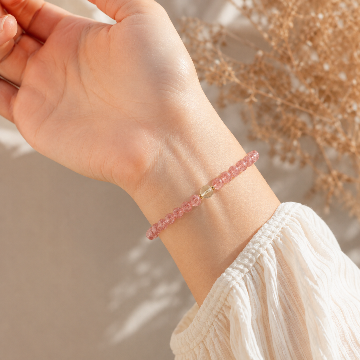 Strawberry Quartz & Citrine Bracelet – 6mm – realistic on-wrist view