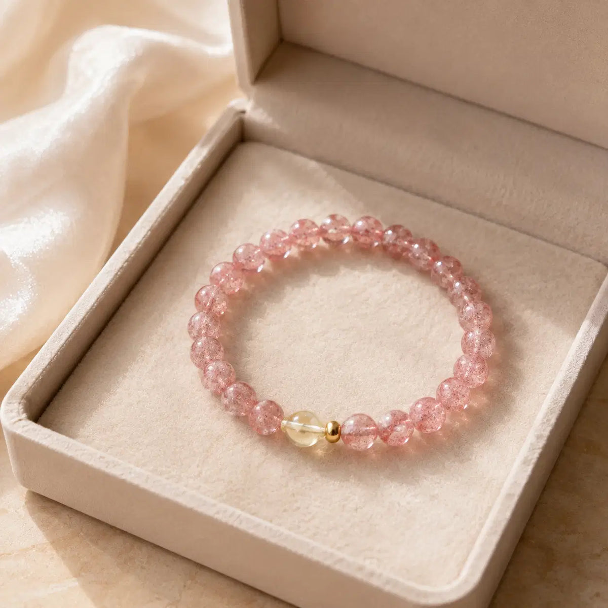 Strawberry Quartz & Citrine Bracelet – 6mm – beige velvet gift-box view