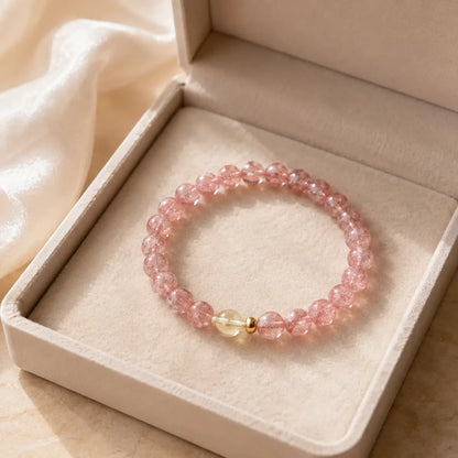Strawberry Quartz & Citrine Bracelet – 6mm – beige velvet gift-box view
