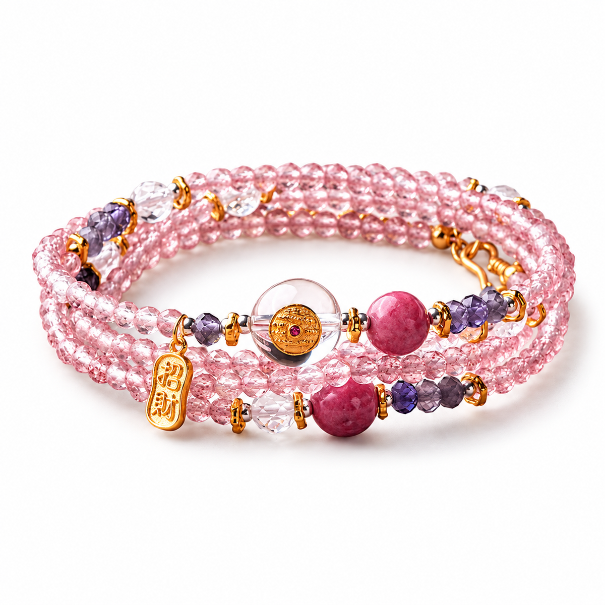 Pink crystal multi-wrap bracelet with coin and gold-tone charm