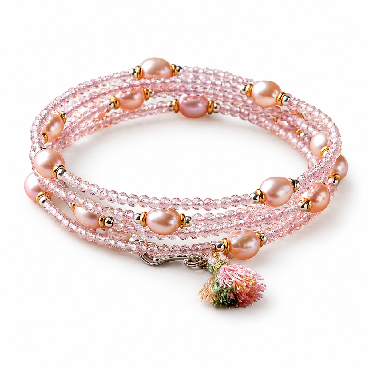 Pink crystal multi-wrap bracelet with pearl accents and tassel