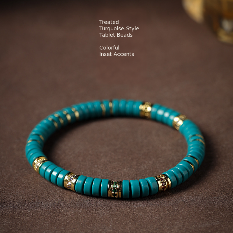 Treated turquoise-style tablet bracelet with colorful inset accents