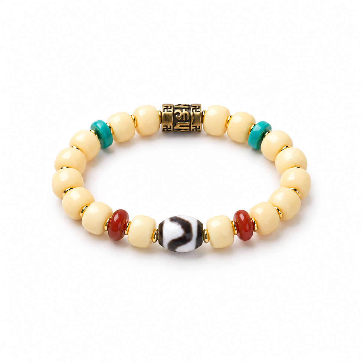 Cream Bodhi barrel bead bracelet with brass mantra bead and patterned Dzi accent