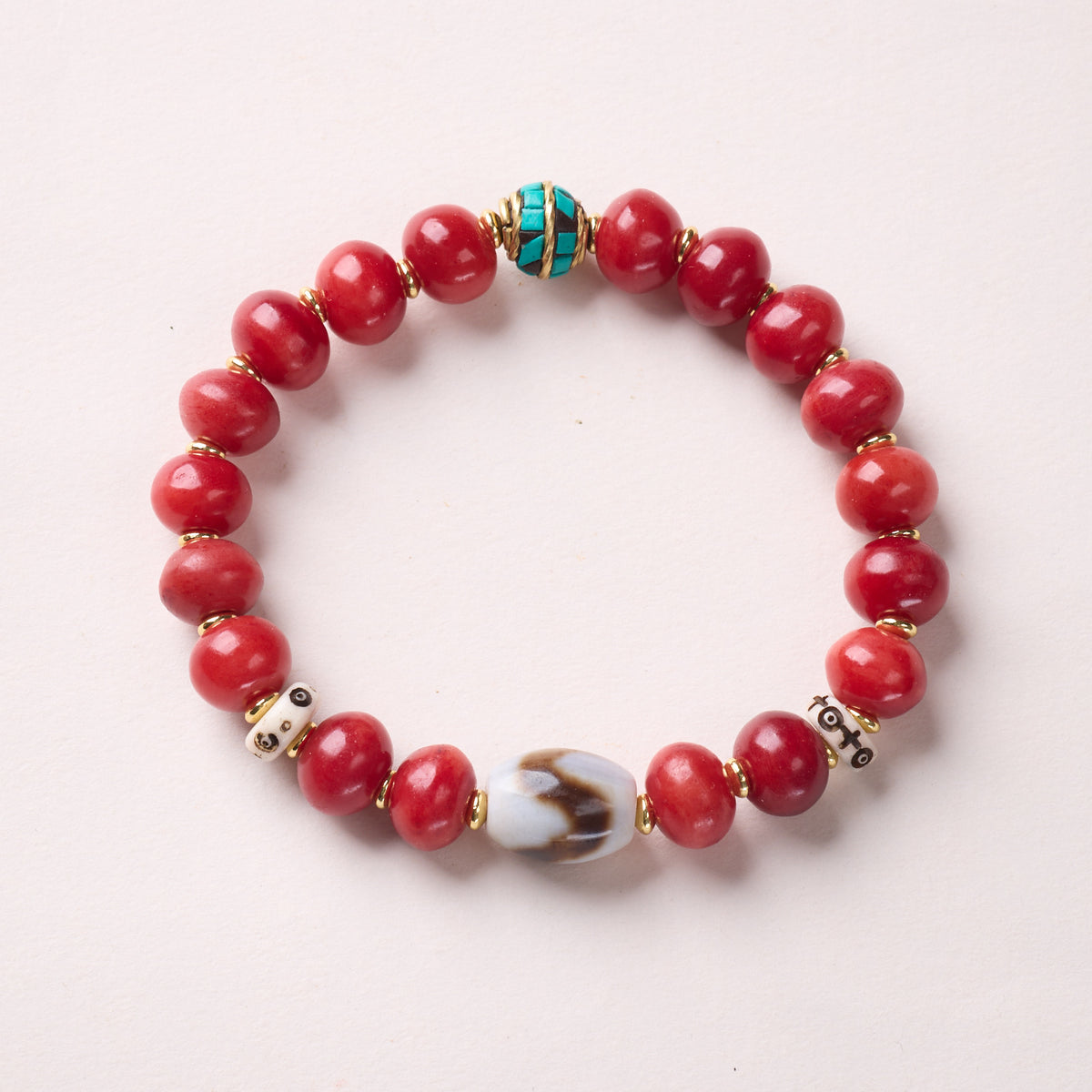 Red Bodhi – Dzi & Inlaid Barrel bracelet
