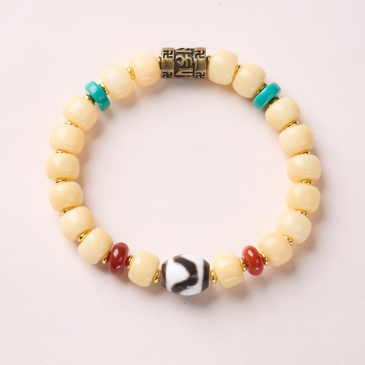 Cream Bodhi – Brass Mantra & Dzi bracelet