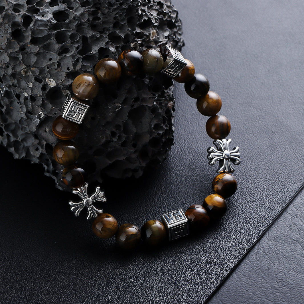 Tiger eye bracelet with cross and square metal accents