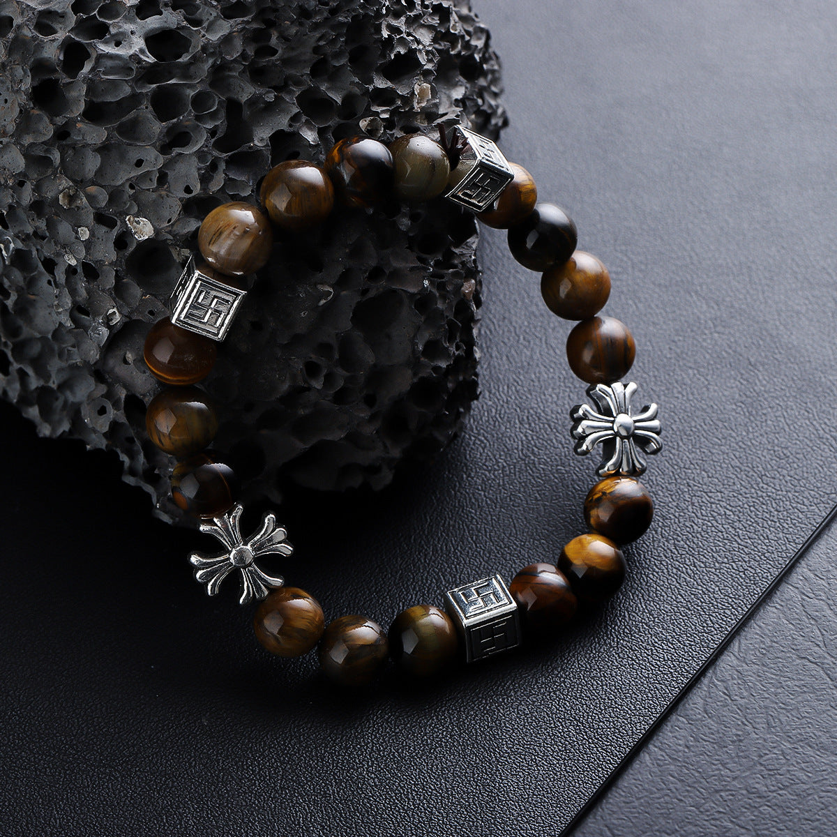 Tiger eye bracelet with cross and square metal accents