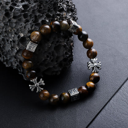 Tiger eye bracelet with cross and square metal accents