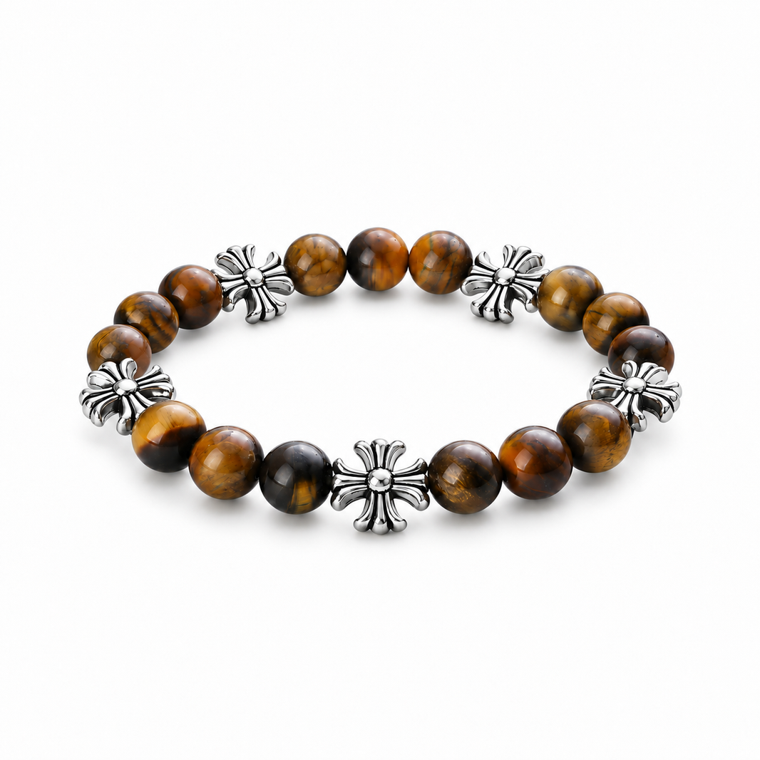 Tiger eye bead bracelet with five silver-tone cross accents on white