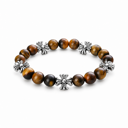Tiger eye bead bracelet with five silver-tone cross accents on white