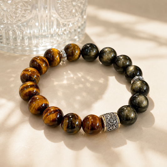 Tiger Eye & Golden Sheen Obsidian Bracelet – 14mm – diagonal glass-bottle still life