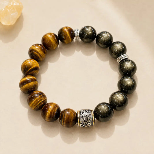 Tiger Eye & Golden Sheen Obsidian Bracelet – 14mm – centered flatlay product view