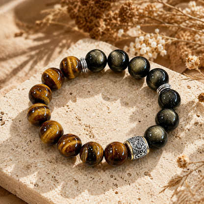 Tiger Eye & Golden Sheen Obsidian Bracelet – 14mm – travertine and dried-flower still life
