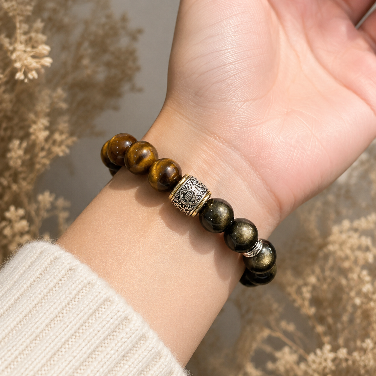 Tiger Eye & Golden Sheen Obsidian Bracelet – 14mm – realistic on-wrist view