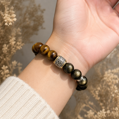 Tiger Eye & Golden Sheen Obsidian Bracelet – 14mm – realistic on-wrist view
