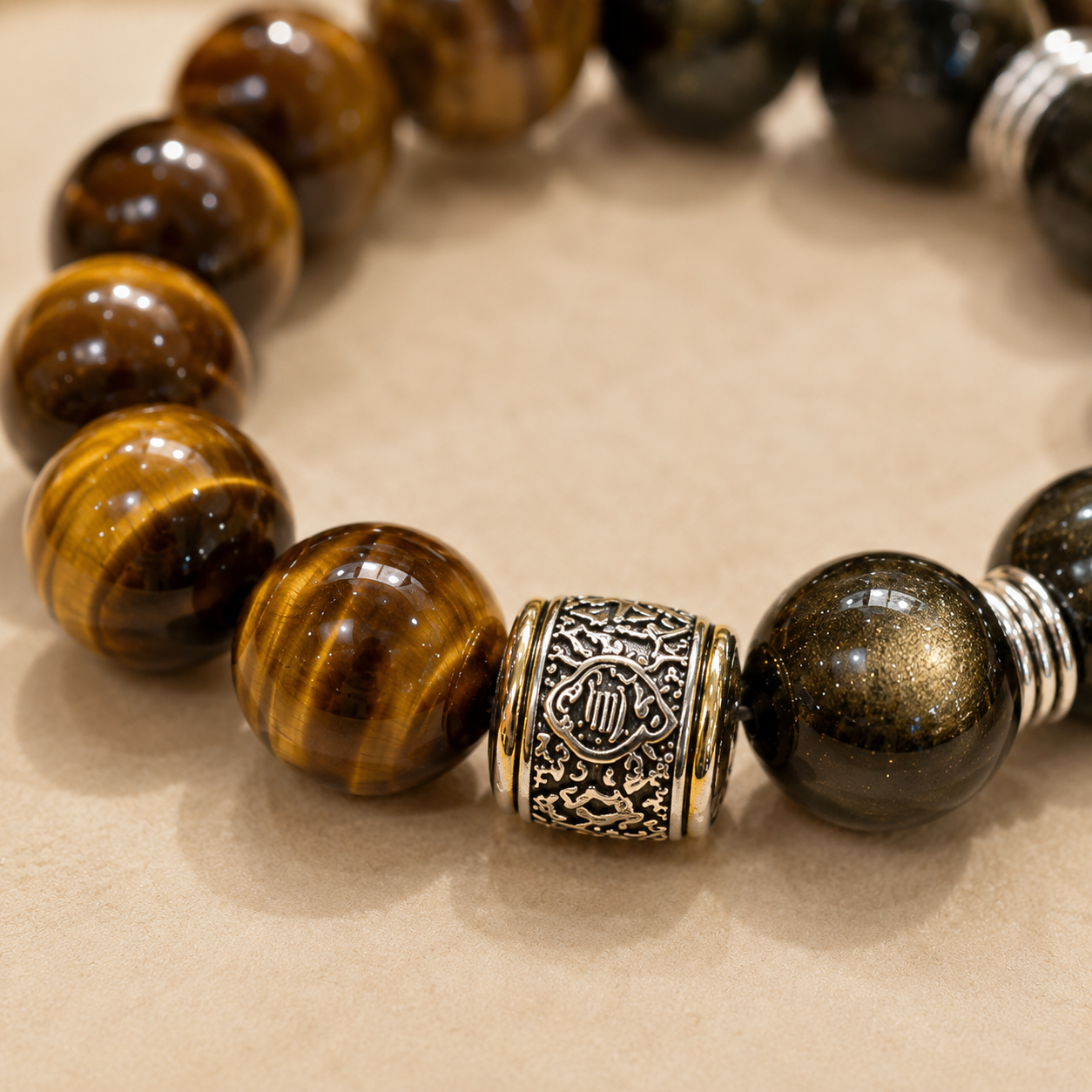 Tiger Eye & Golden Sheen Obsidian Bracelet – 14mm – bead texture macro detail