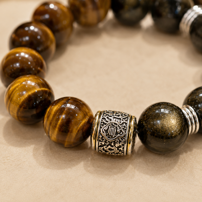 Tiger Eye & Golden Sheen Obsidian Bracelet – 14mm – bead texture macro detail