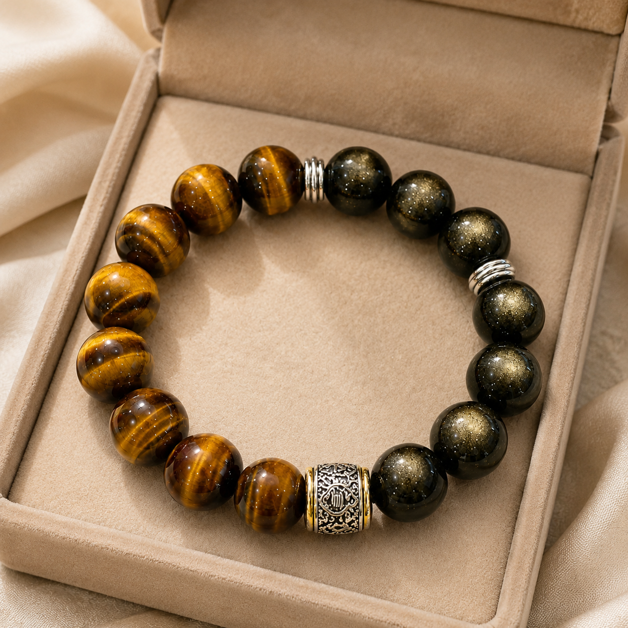 Tiger Eye & Golden Sheen Obsidian Bracelet – 14mm – beige velvet gift-box view