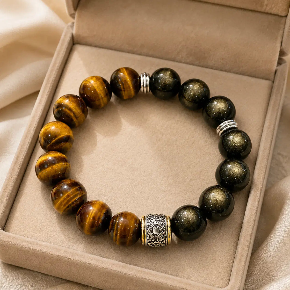 Tiger Eye & Golden Sheen Obsidian Bracelet – 14mm – beige velvet gift-box view