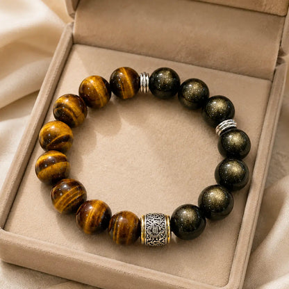 Tiger Eye & Golden Sheen Obsidian Bracelet – 14mm – beige velvet gift-box view