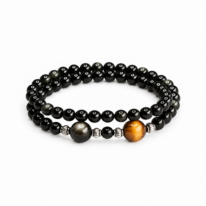 Tiger eye and silver-sheen obsidian double-wrap bracelet on a white background