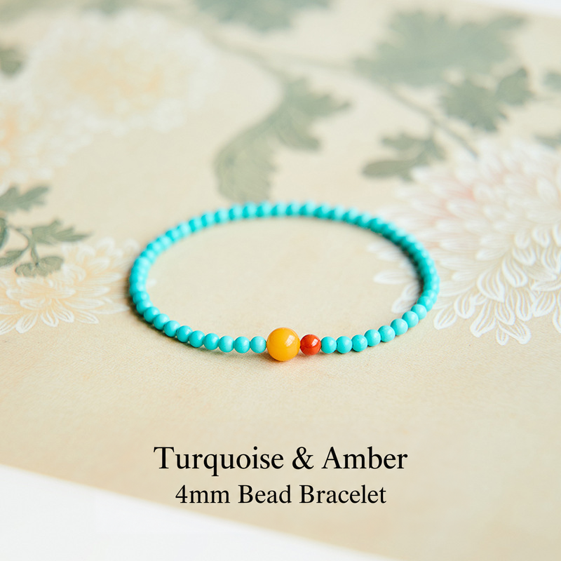 4mm turquoise bracelet with yellow amber and red agate accents