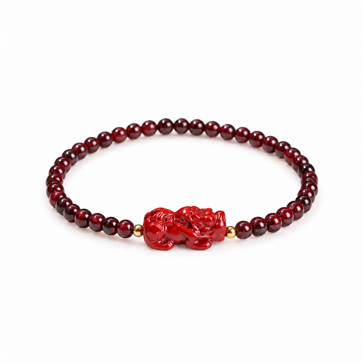 Garnet bracelet with red carved Pixiu and gold-tone beads