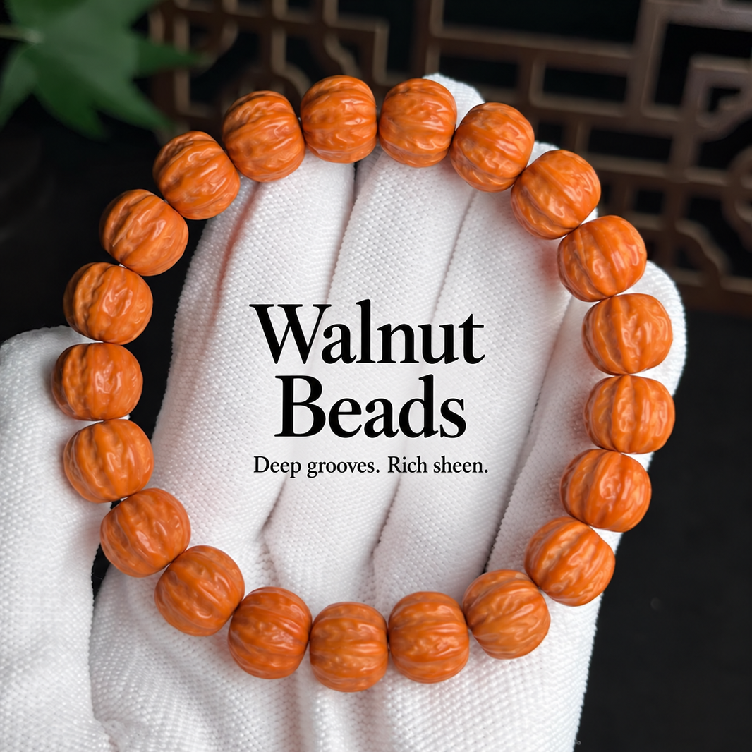 Walnut bead bracelet showing deep grooves and rich sheen