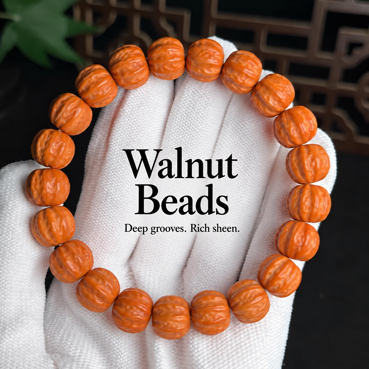Walnut bead bracelet showing deep grooves and rich sheen