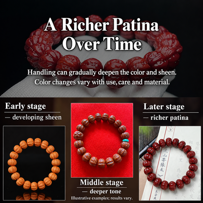 Illustrative walnut bead patina stages; results vary