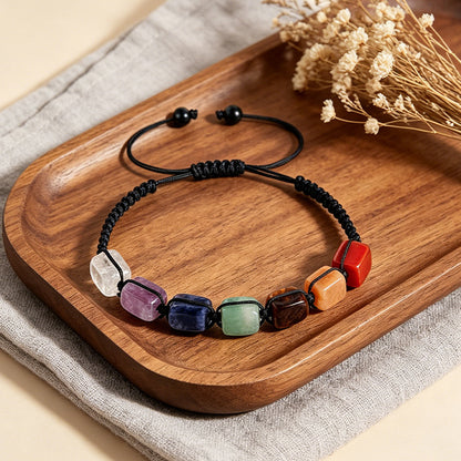 Adjustable rectangular stone bead bracelet wood view