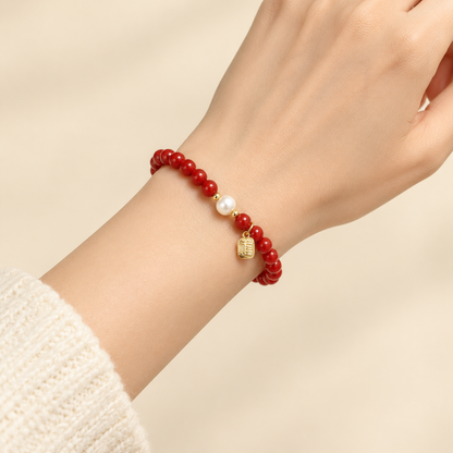 Cinnabar-style and freshwater pearl bracelet, product image 2 of 6
