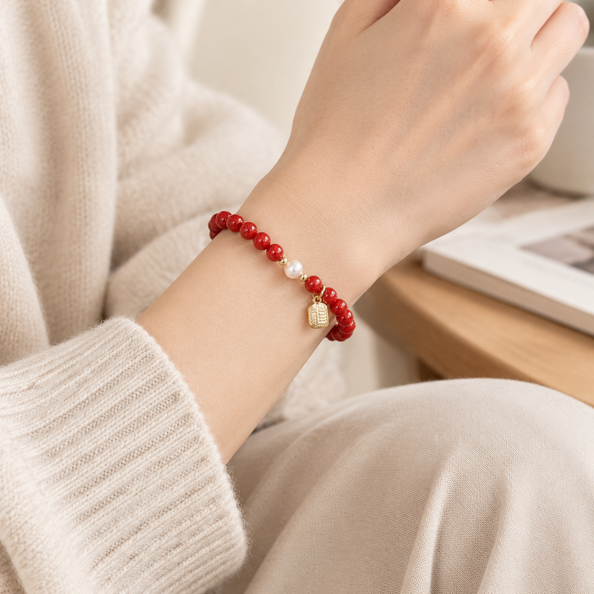Cinnabar-style and freshwater pearl bracelet, product image 4 of 6