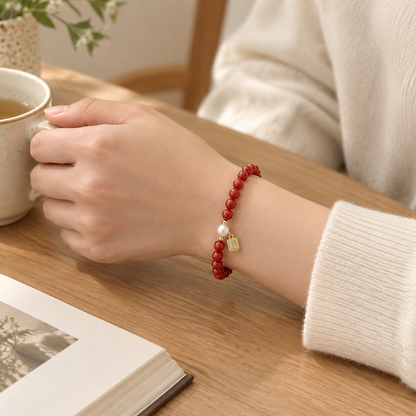 Cinnabar-style and freshwater pearl bracelet, product image 5 of 6