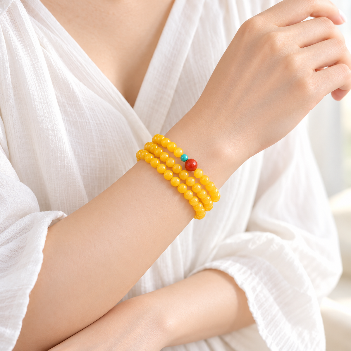 Yellow agate triple-wrap bracelet, detail and styling view 2
