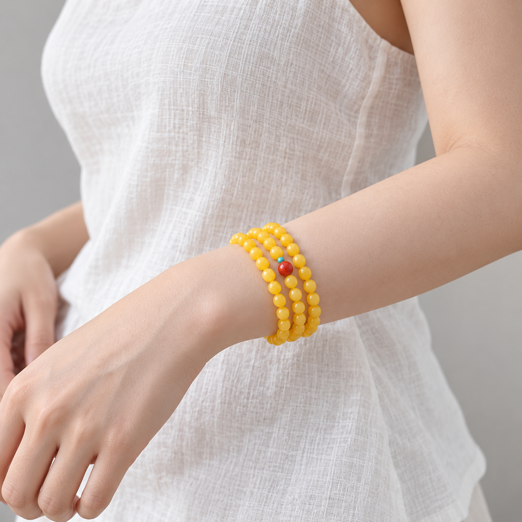 Yellow agate triple-wrap bracelet, detail and styling view 3