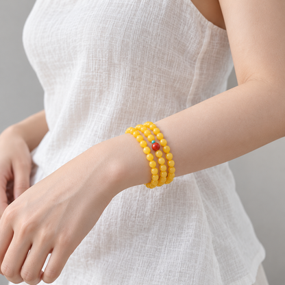 Yellow agate triple-wrap bracelet, detail and styling view 3