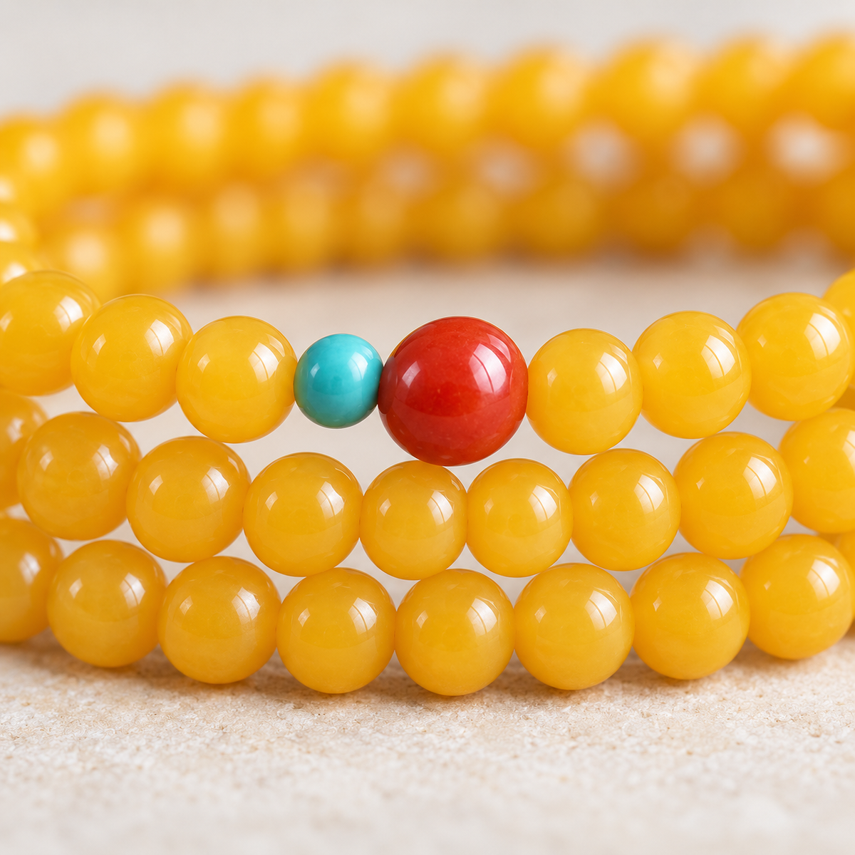Yellow agate triple-wrap bracelet, detail and styling view 5