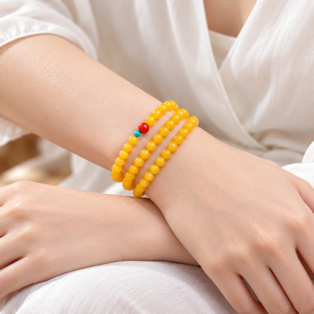 Yellow agate triple-wrap bracelet, detail and styling view 6
