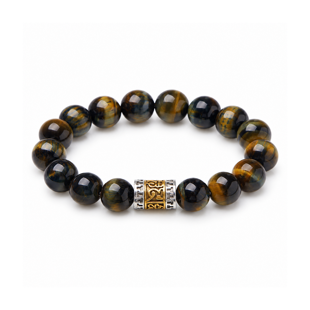 12mm yellow-blue tiger eye mantra bracelet on a white background